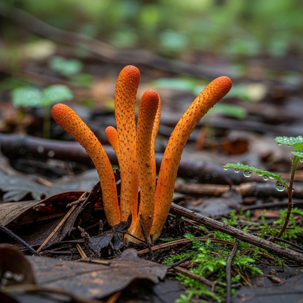 Nahaufnahme von Cordyceps Pilzen in wilder Natur, leuchtend orange-braun auf Waldboden