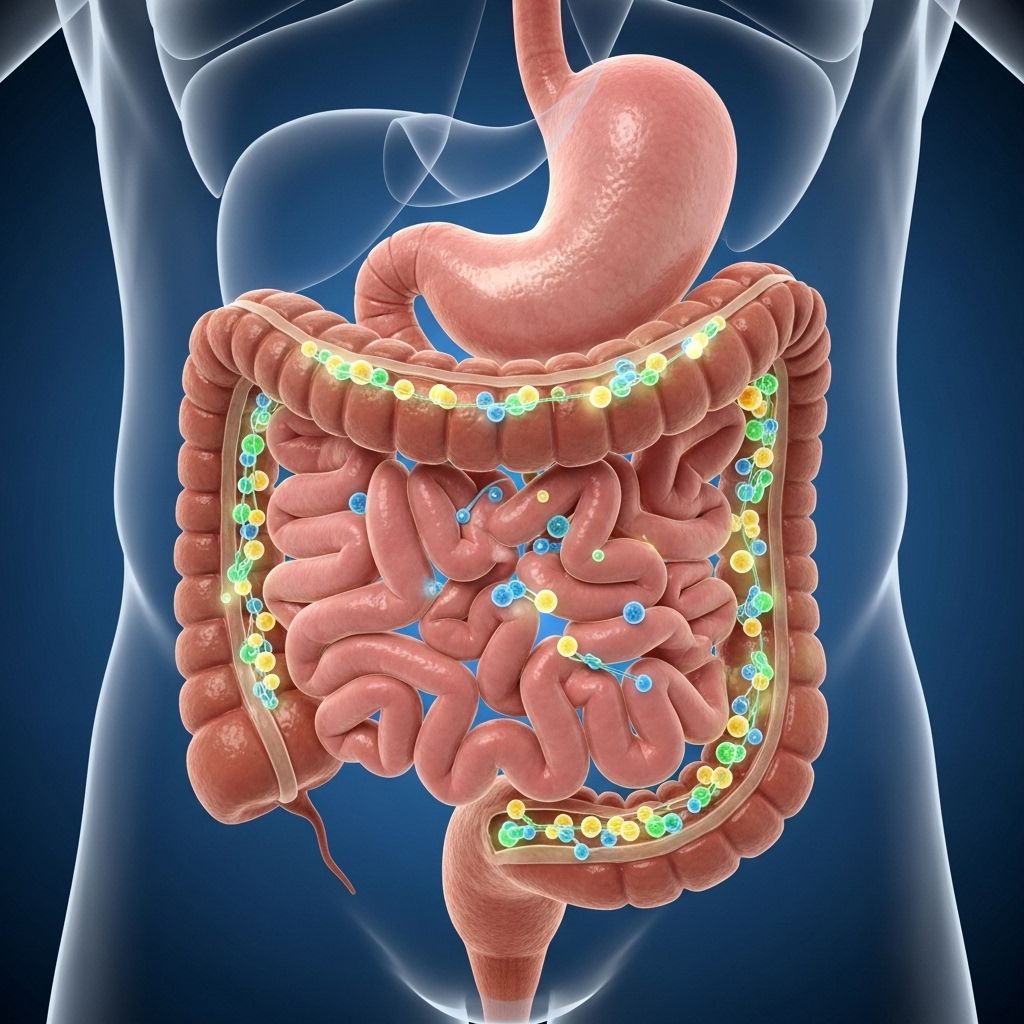Anatomische Illustration des menschlichen Verdauungstrakts, Darmgesundheit und Mikrobiom Konzept, gesund leuchtend