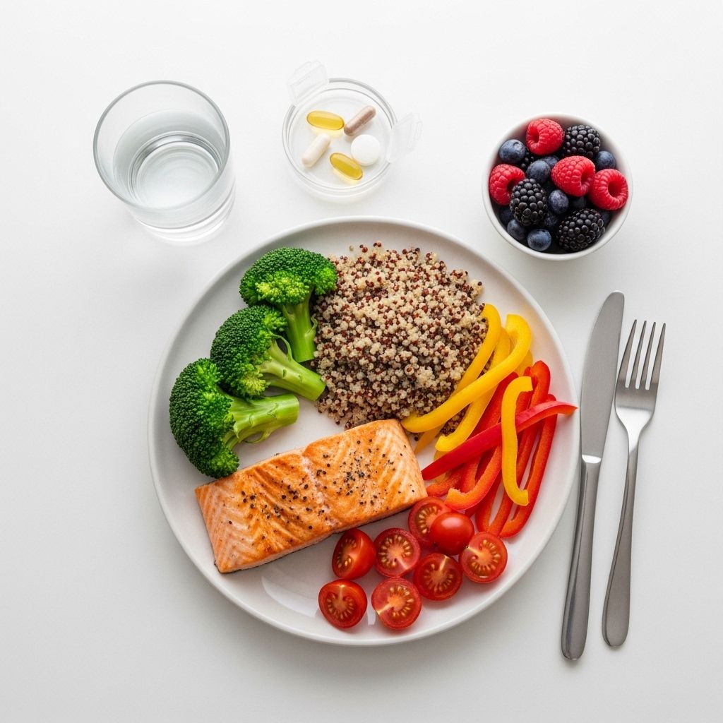 Gesunde Mahlzeit mit frischem Gemüse, Proteinen und Nahrungsergänzungsmitteln auf weißem Tisch, metabolisches Gesundheitskonzept