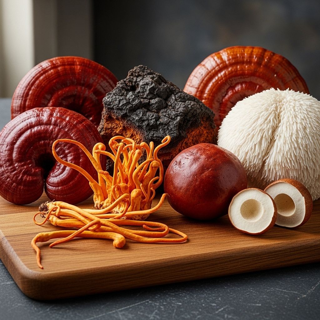 Sortiment verschiedener Heilpilze auf Holzbrett, Reishi, Chaga, Cordyceps, Löwenmähne, naturheilkundliches Konzept