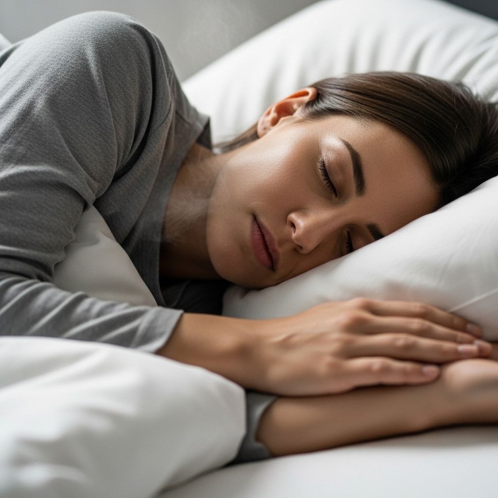 Ruhig schlafende Person in weißem Bett, erholsamer Tiefschlaf, Schlaf und Gewichtsabnahme Konzept