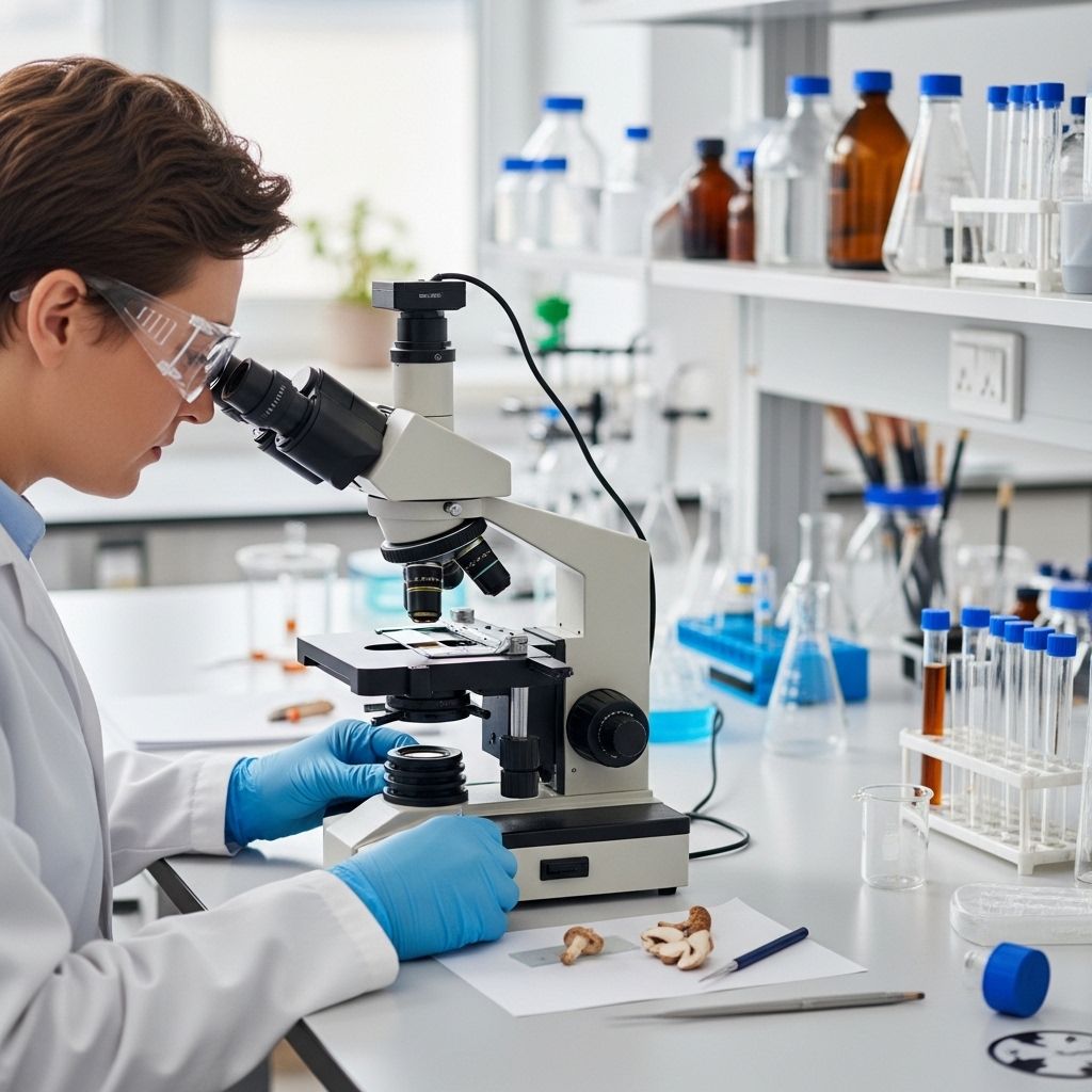 Wissenschaftler im Labor untersucht Pilzextrakte unter dem Mikroskop, moderne Forschungsumgebung