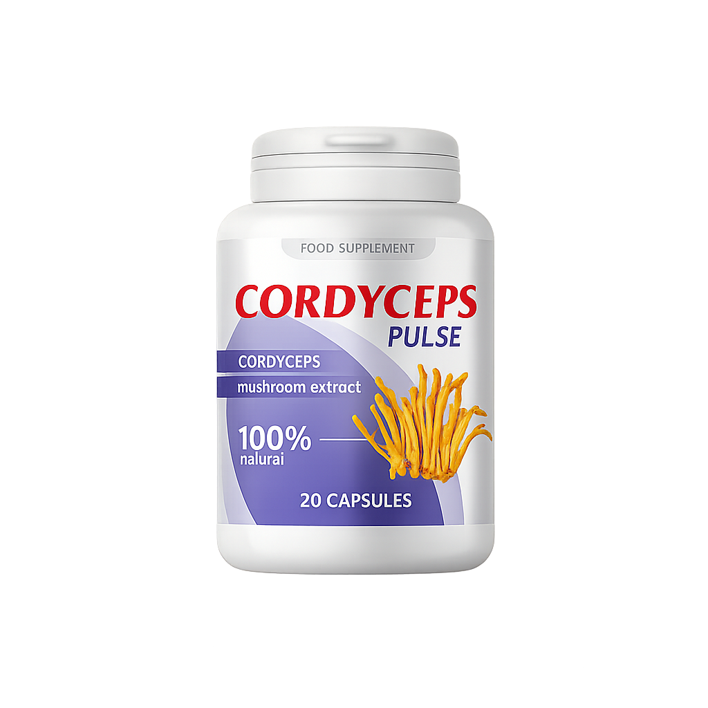 Cordyceps Pulse Flasche mit 60 Kapseln Inhalt auf weißem Untergrund mit natürlichen Cordyceps Pilzen drumherum