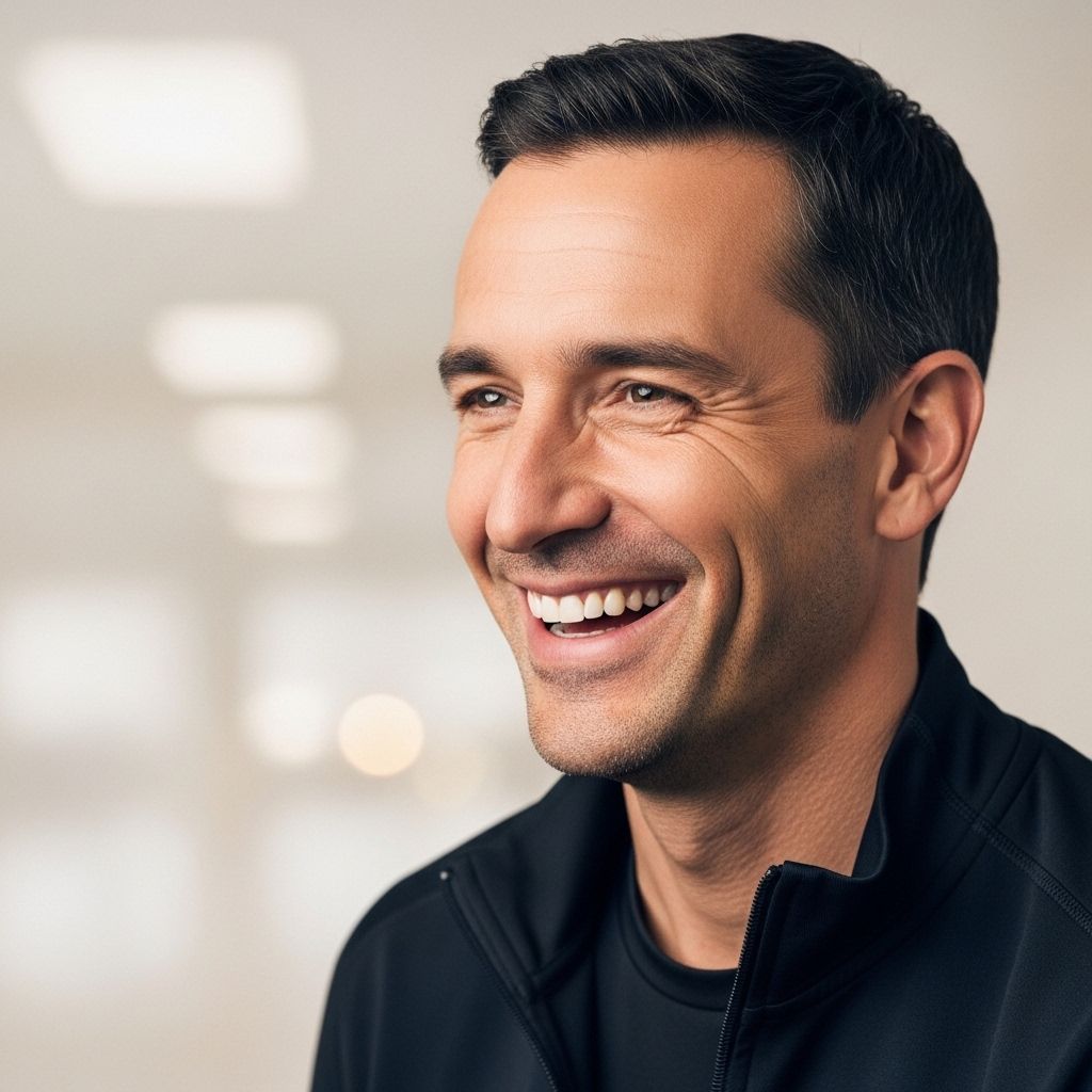 Portrait einer lächelnden Frau Mitte 40 mit braunen Haaren, zufriedene Kundin