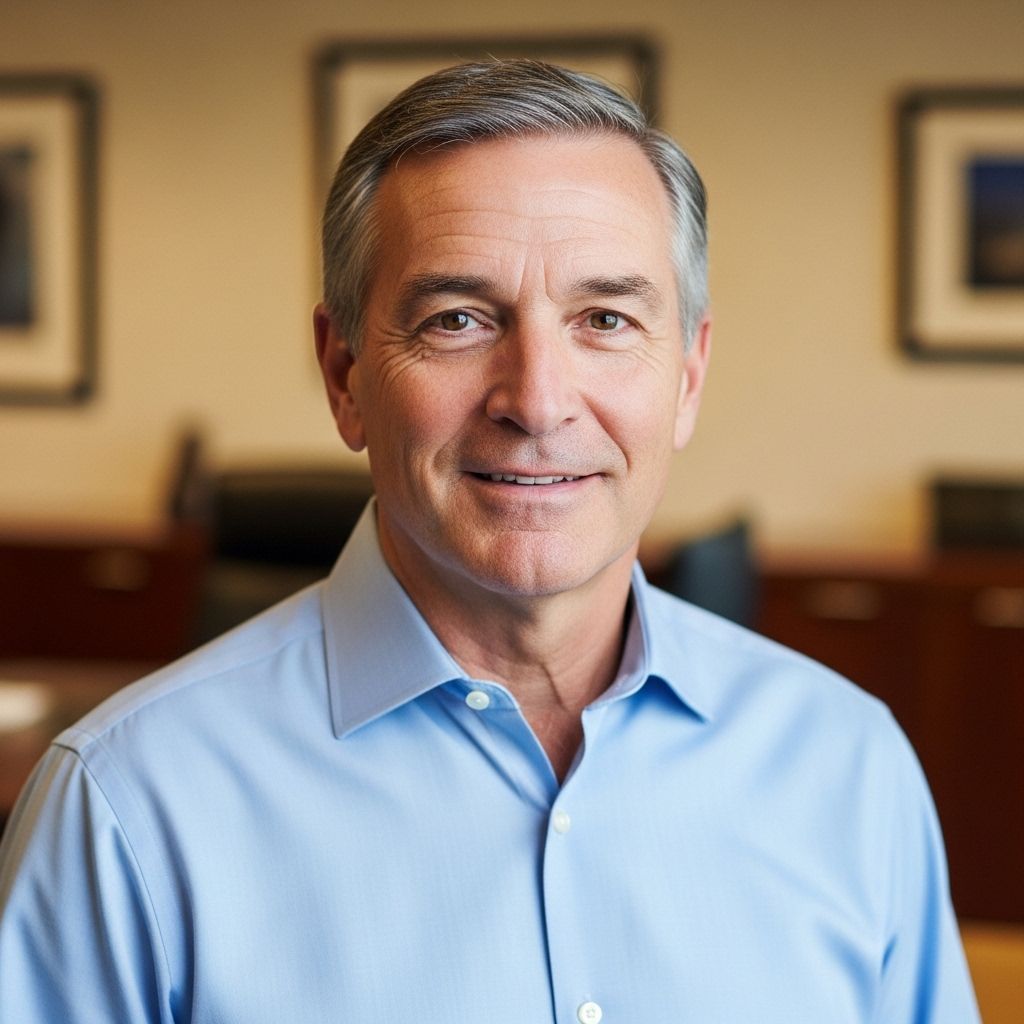 Reifer Mann Mitte 50 in ordentlichem Hemd, zufrieden und gesund wirkend