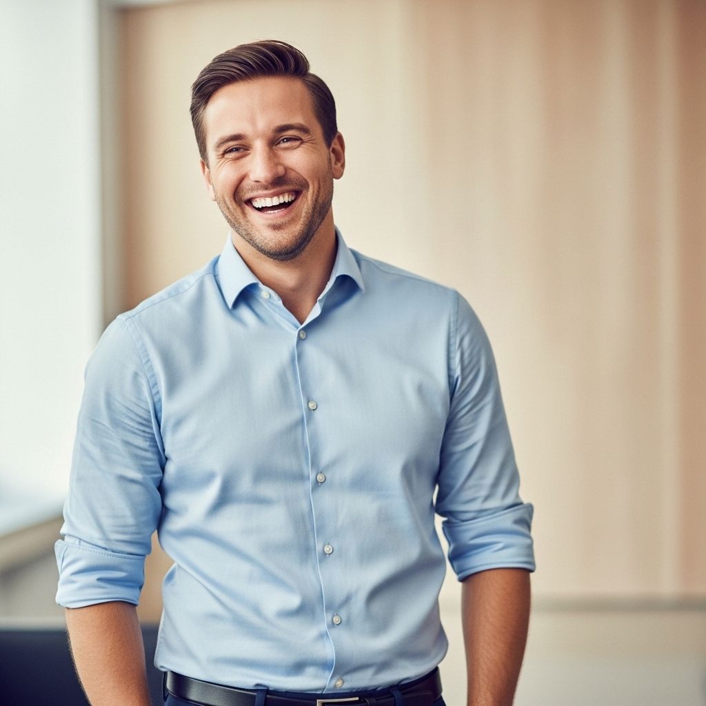 Junge Mutter Anfang 30 fröhlich lächelnd, nach erfolgreichem Gewichtsabbau nach Schwangerschaft